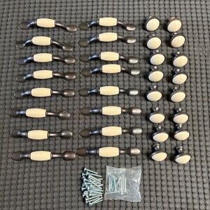 Ivory Color and Oil-Rubbed Bronze Drawer Pulls and Knobs Set, 16 Pulls, 16 Knobs